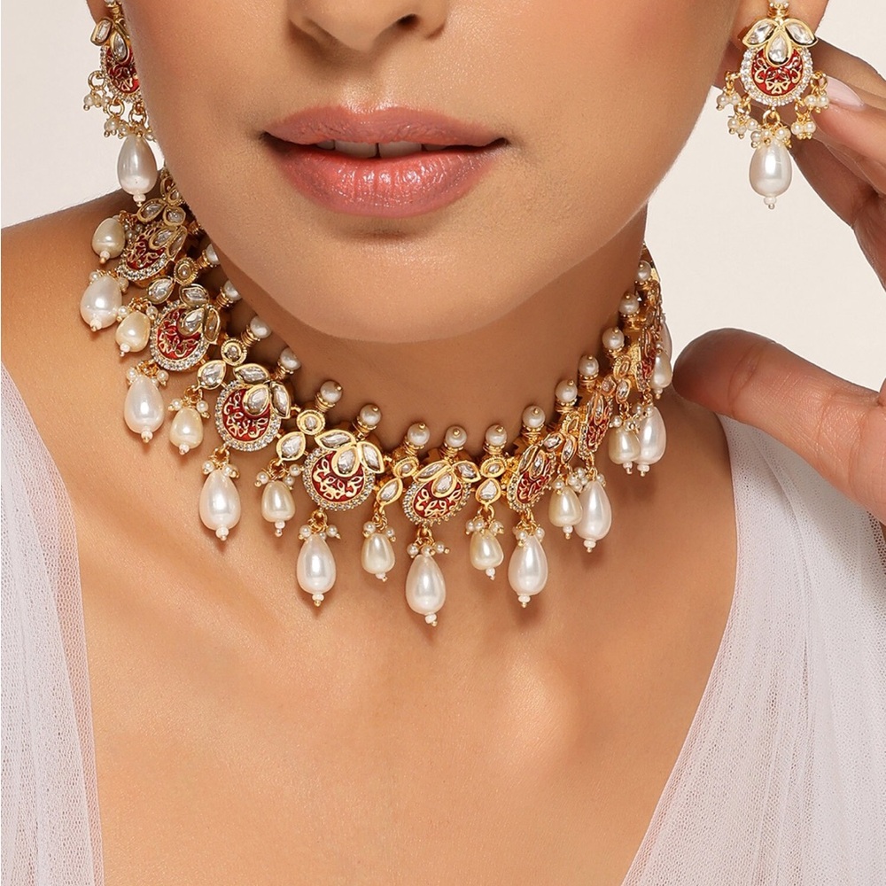 Pearl Drop Gold-Tone Choker Necklace and earrings with Red Enamel Accents